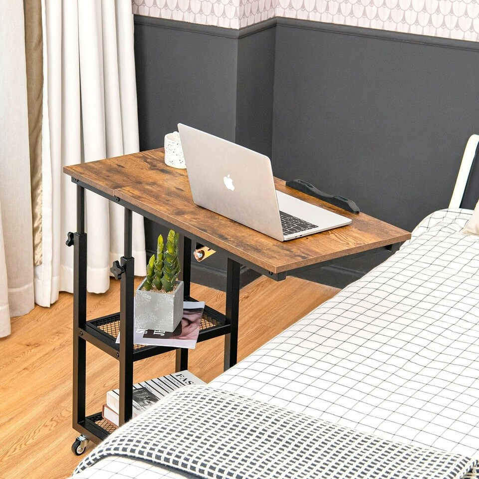 image 1 of COSTWAY Industrial Sofa Side Table Height Adjustable Rolling Coffee | Brown