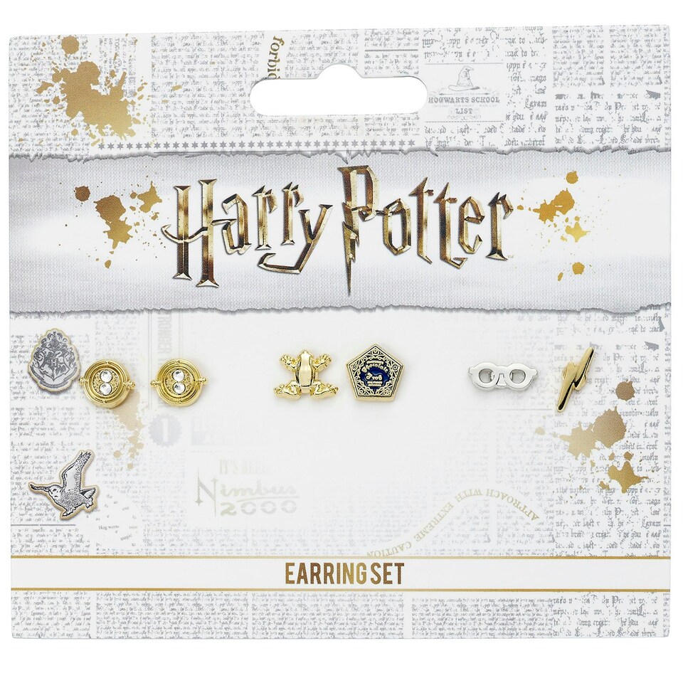 image 1 of Official Harry Potter Stud Earring Set including Time Turners, Chocolate Frogs, and Glasses with Lightning Bolt earrings WE0106