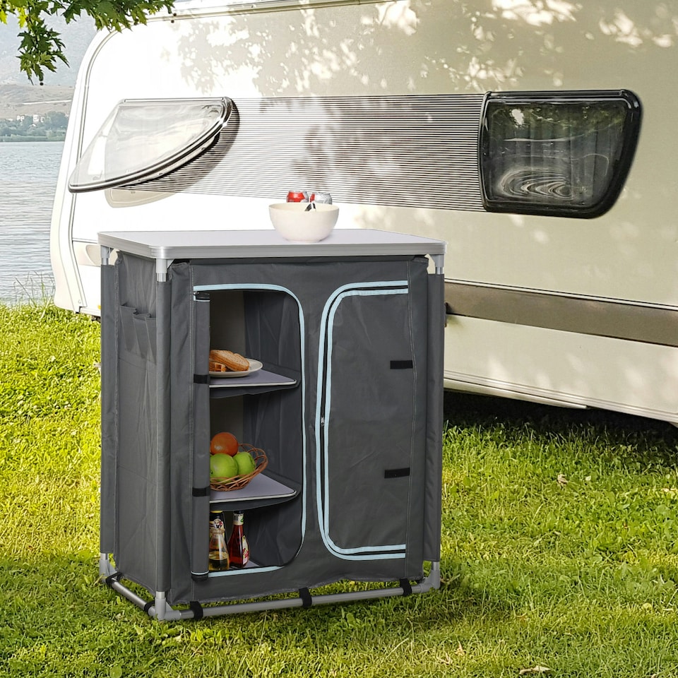 image 1 of Outsunny Outdoor Aluminum 3-shelf Camping Cupboard Kitchen Station Cook Table