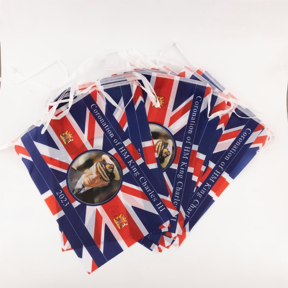 image 1 of Polyester 20m Bunting King Charles III Portrait 48 Union Jack Flags Coronation | Multi