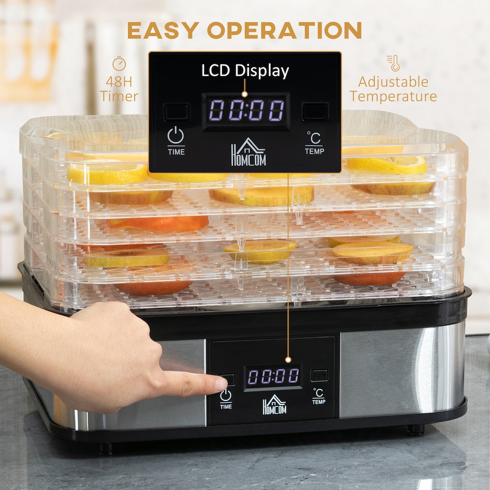 image 1 of HOMCOM 5 Tier Food Dehydrator, 245W Stainless Steel Food Dryer Machine with Adjustable Temperature, Timer and LCD Display for Drying Fruit, Meat, Vegetable, Jerky and Pet Treat, Black