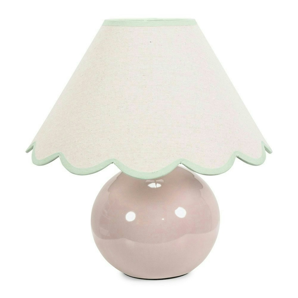 image 1 of ValueLights Bosco Natural Stone Globe Ceramic Table Lamp with Linen Green Trim Scallop Lamp Shade