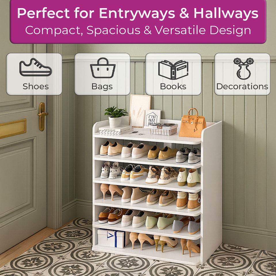 image 1 of Neo White 6 Tier Wooden Shoe Rack Space-Saving Cabinet Organiser Shelving Storage Shelf for Entryway Hallway Closet Bedroom