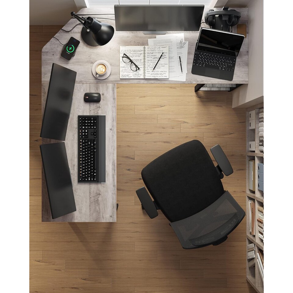 image 1 of Corner Office L-Shaped Computer Desk with Storage Shelves, Greige and Black