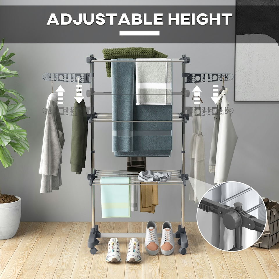 image 1 of HOMCOM 3-Tier Large Clothes Airer Stainless Steel Clothes Drying Rack Grey