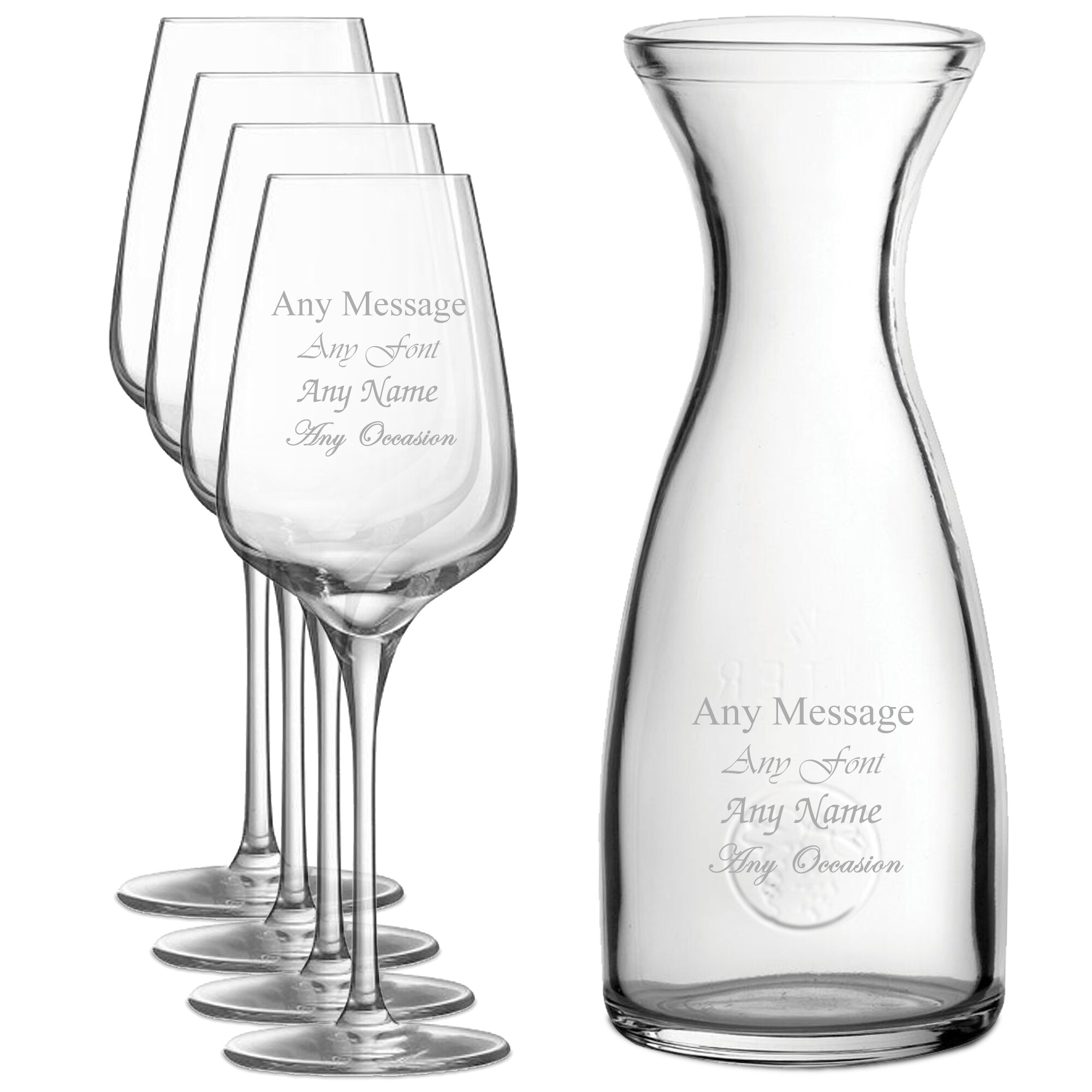 Personalised Engraved Set of 4 Sublym Wine Glass 1 Litre Carafe Set