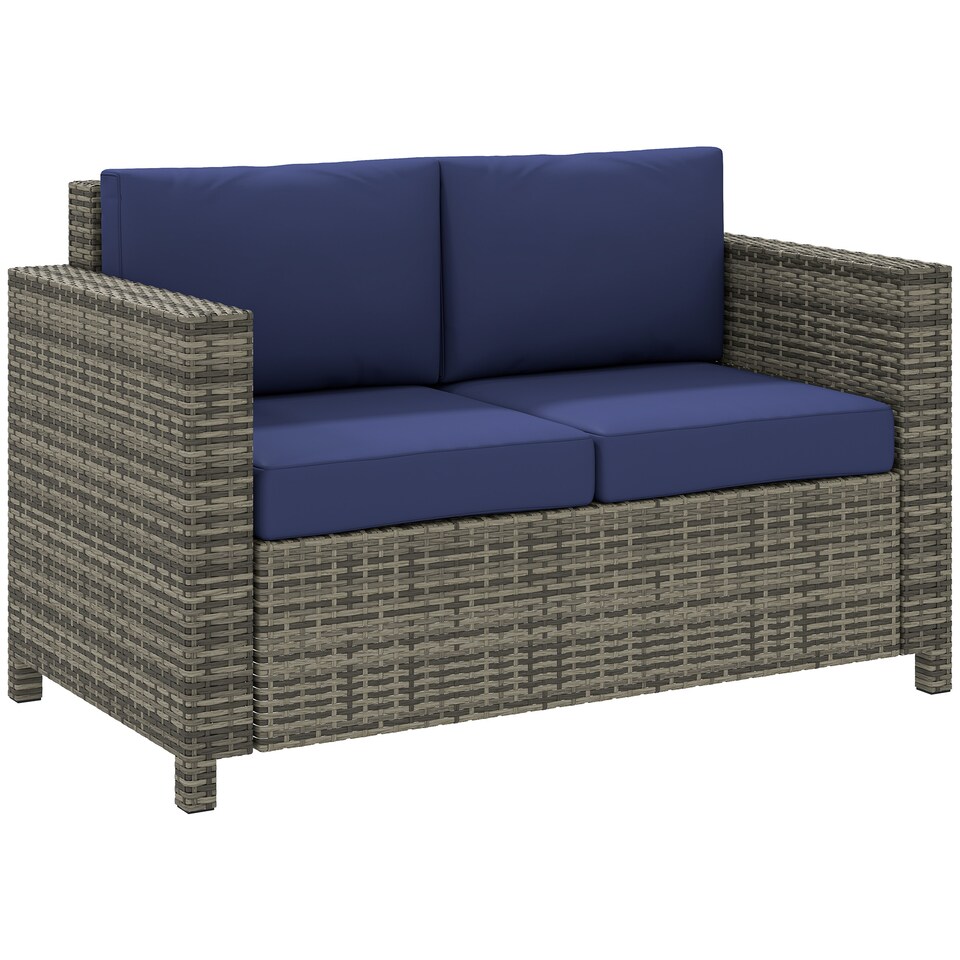 image 1 of Outsunny Rattan Sofa, 2 Seater Garden Furniture with Soft Padded Cushion and Armrests, Wicker Garden Loveseat for Patio, Navy Blue | Blue | Two Seater