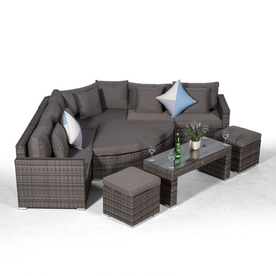 image 1 of Santorini L Shape Modular 5 Seat Rattan Corner Sofa Set With Daybed Ottoman, Large Coffee Table & 2 Stools Grey | Grey