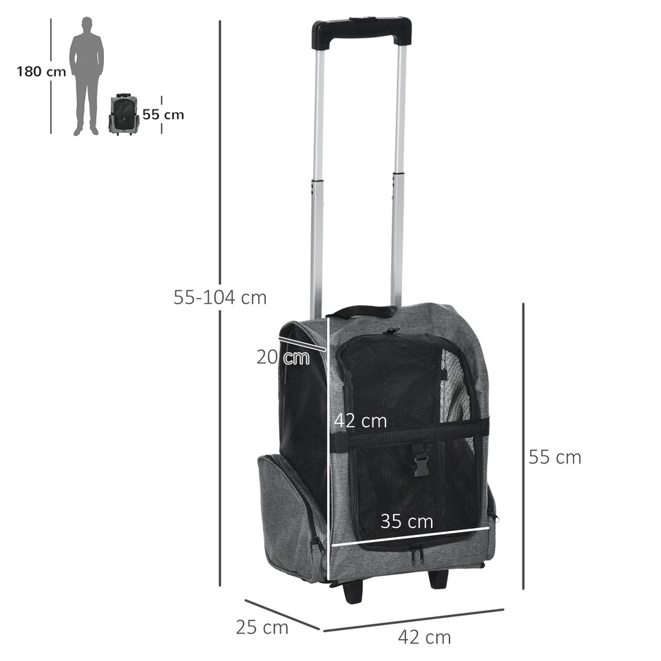 image 1 of PawHut Pet Travel Backpack Bag Cat Puppy Dog Carrier w/ Trolley and Telescopic