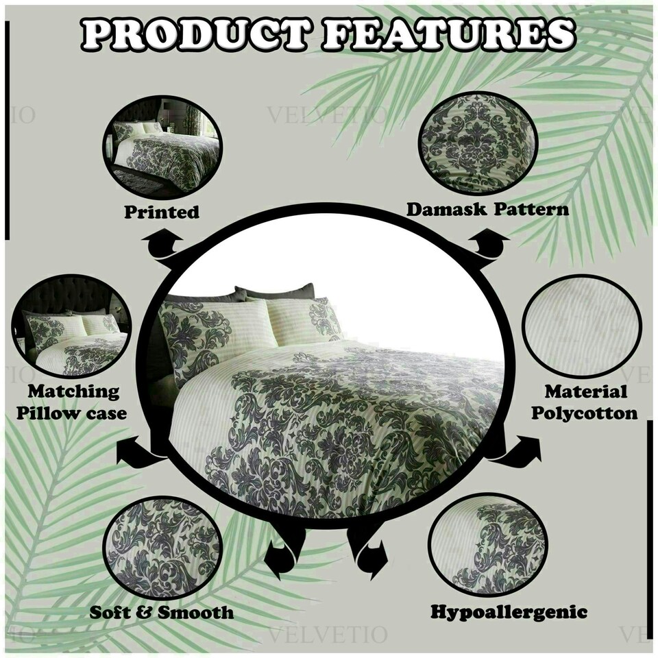 image 1 of VELVETIO Empire Damask Printed Duvet Cover Set Reversible Polycotton Beddings Cream | Double