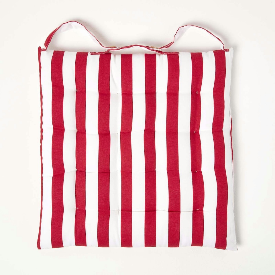 image 1 of Homescapes Seat Pad Luxury Cotton Stripe Indoor Outdoor Garden Dining Cushion | Red | 40 x 40 cm | 1