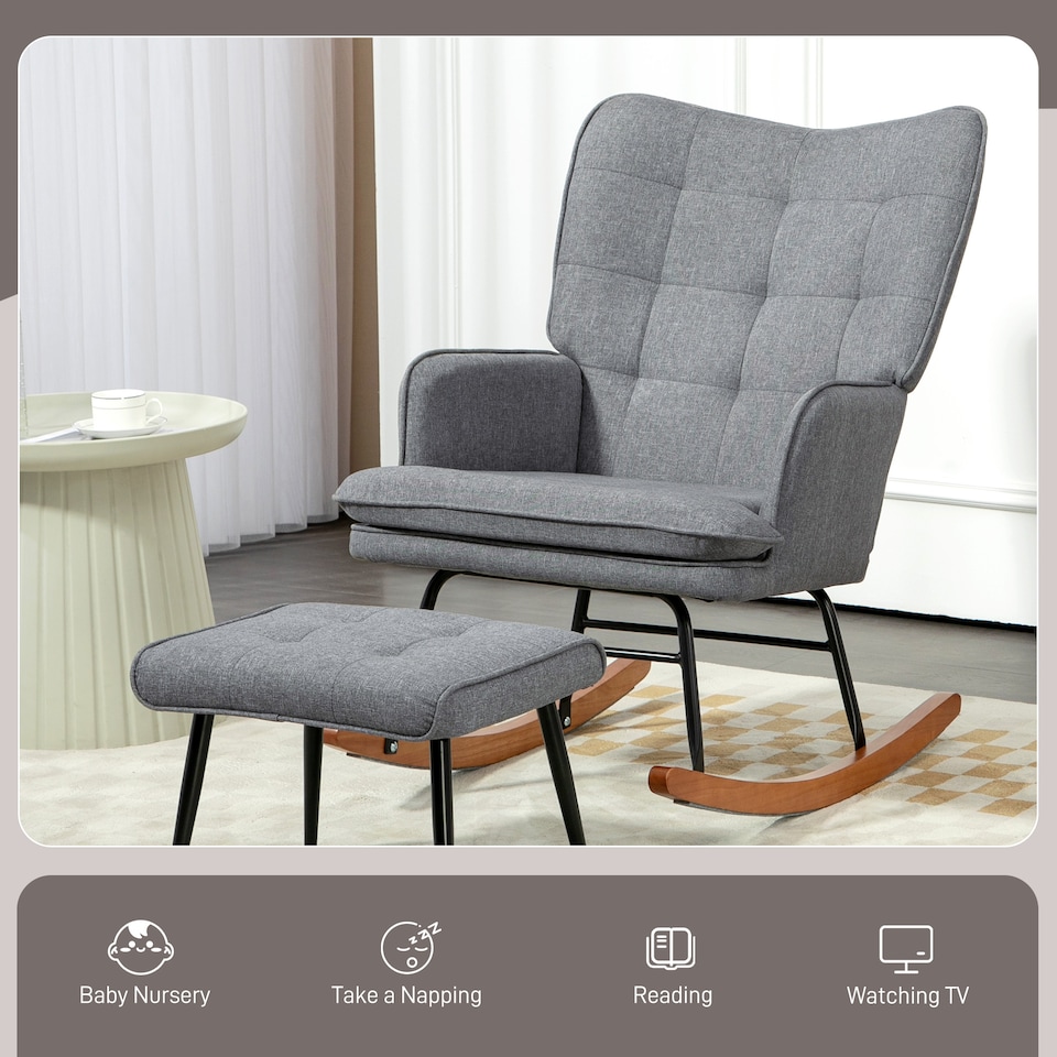 image 1 of HOMCOM Rocking Chair and Ottoman Set, Fabric Armchair with Footstool, Wingback Chair for Living Room and Bedroom, Grey