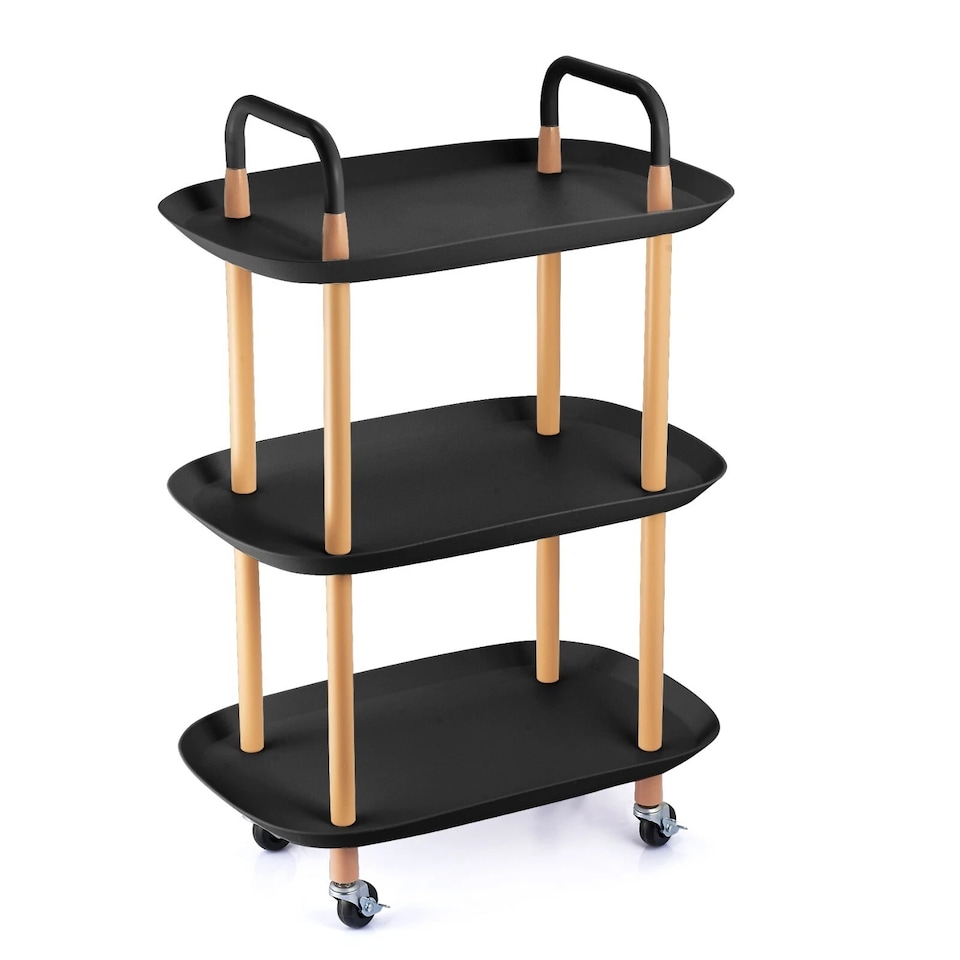 image 1 of 3 Tier Beech Wood & Plastic Serving Storage Trolley Food Drinks Cart on Wheels | Black | Black | 3 Tier | 1