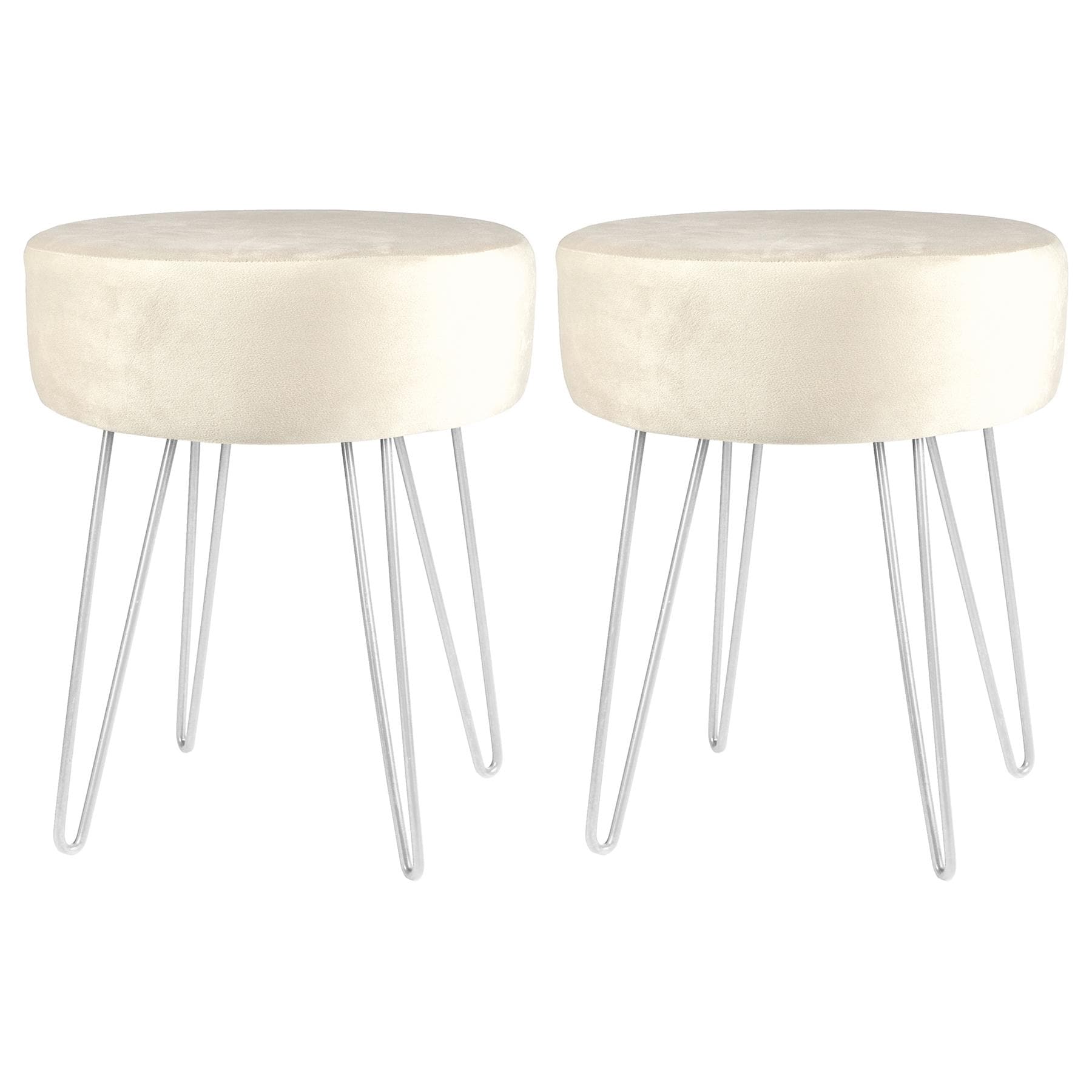 Harbour Housewares 2x Velvet Footstools - Round Modern Dressing Table Footstool Vanity Seat Chairs - 40 x 35cm - Cream/Silver Cream Cream/Silver Pack