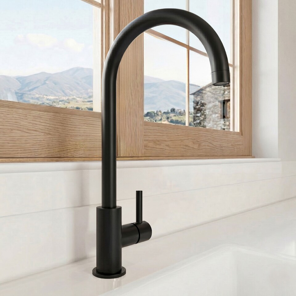 image 1 of Balterley Lacerta Kitchen Mono Mixer Tap with Single Lever Handle, High Curved Swivel Spout | Black | Matt Black | 1