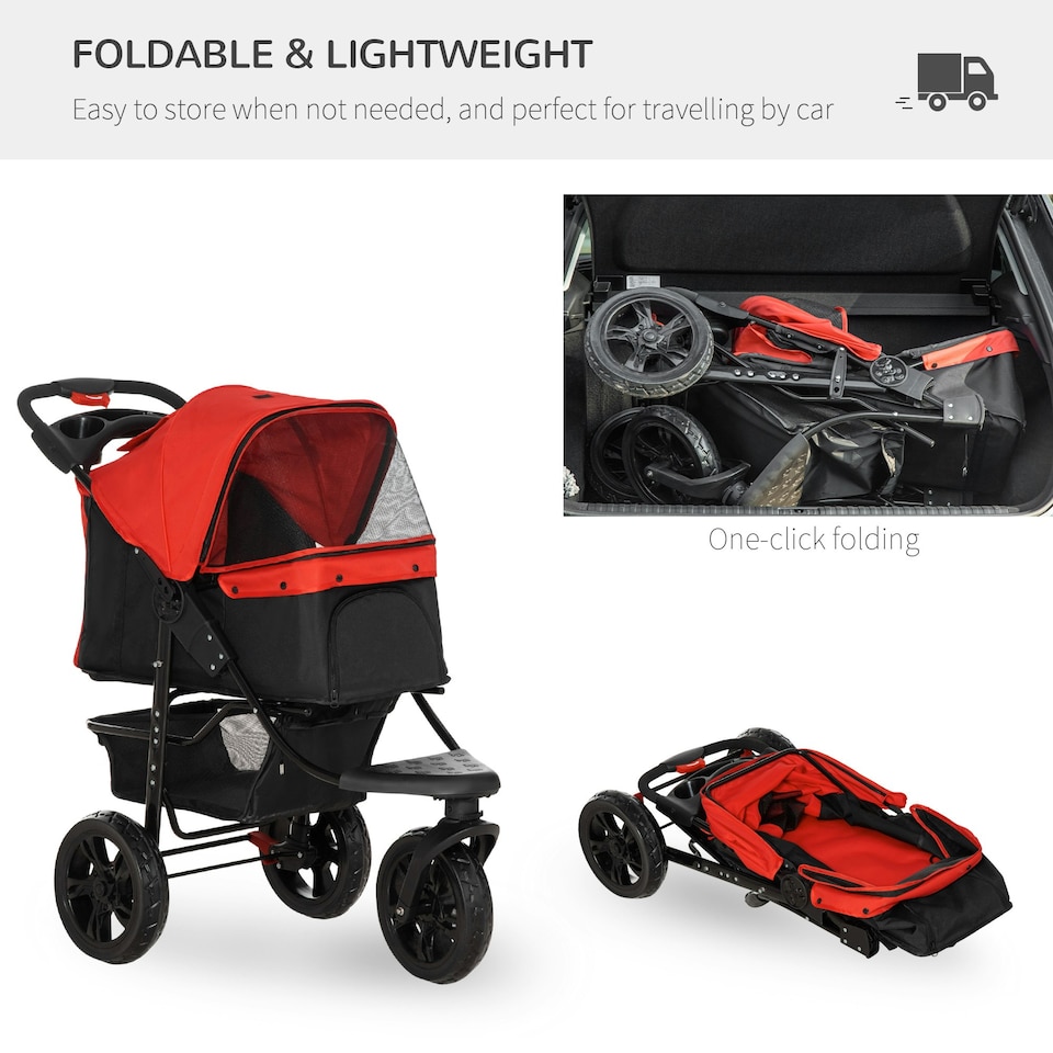 image 1 of PawHut Folding 3 Wheel Pet Stroller Travel Adjustable Canopy Storage Brake Red