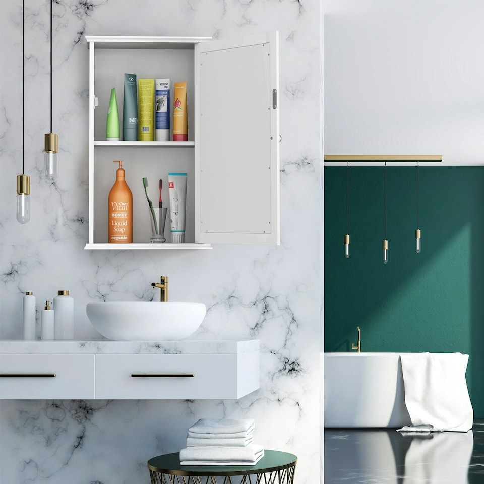 image 1 of COSTWAY Bathroom Mirror Cabinet Wall Mounted Storage White White