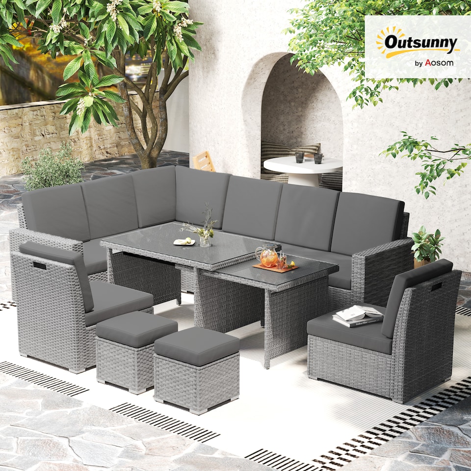 image 1 of Outsunny 10 Seater Rattan Dining Set with Expandable Table and Nesting Chairs, Rattan Garden Furniture Set with Cushions, Outdoor Dining Table and Chairs, Sectional Corner Sofa Set, Light Grey