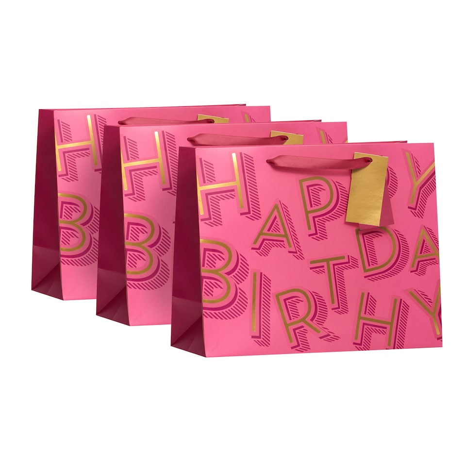 image 1 of Pink Happy Birthday Text Large Gift Bag - Pack of 3