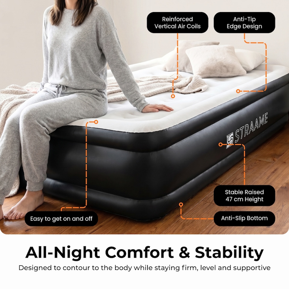 image 1 of Straame Single XL Air Bed with Built-in Pump, Inflatable Mattress 196 x 97 x 47 cm