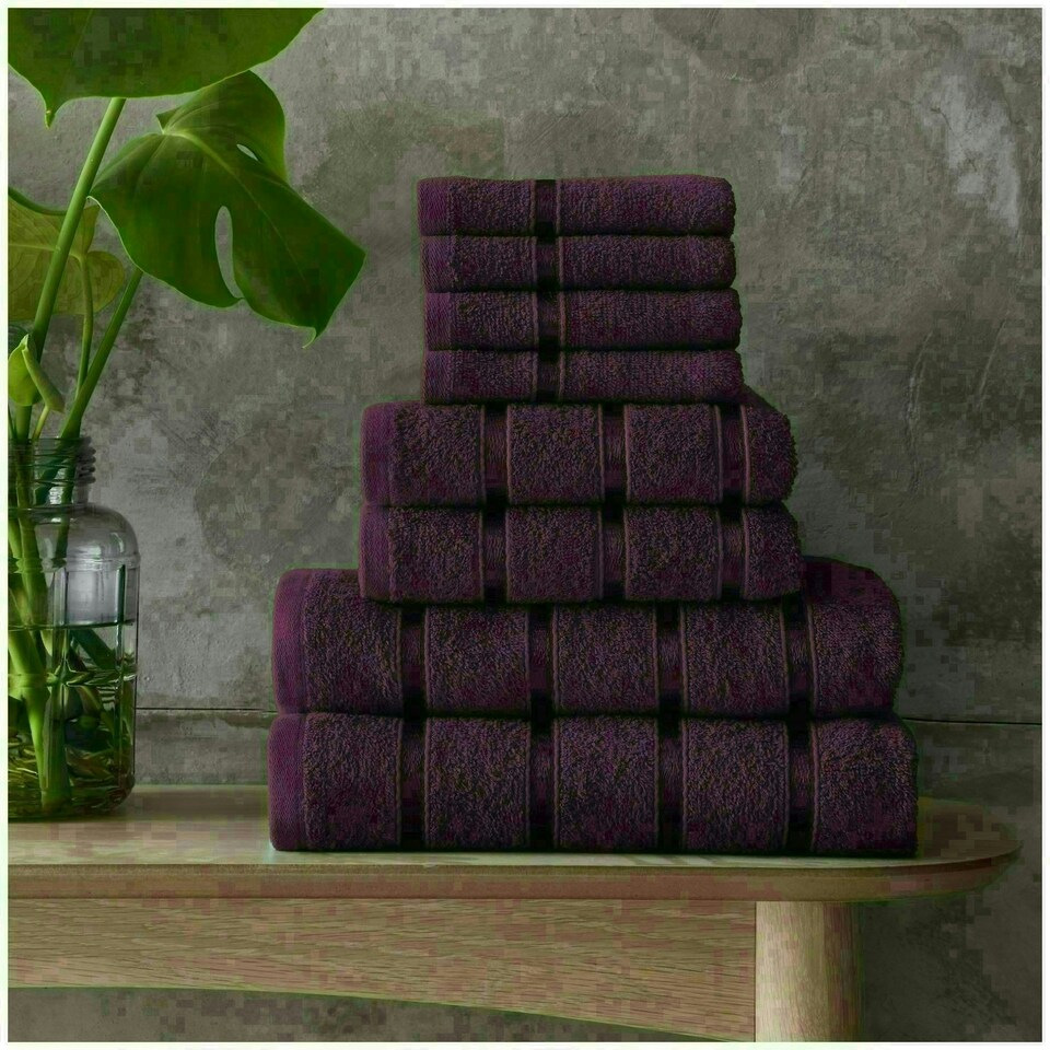 image 1 of VELVETIO 8 Piece Towel Bale Set Boston Shiny Stripe Pattern - 100% Cotton, 450 GSM Purple | Aubergine