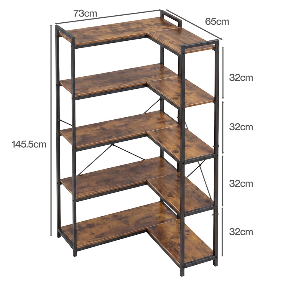 image 1 of Levede Corner Bookcase 5-Tier L-Shaped Bookshelf Space-Saving Spice Walnut Black Metal