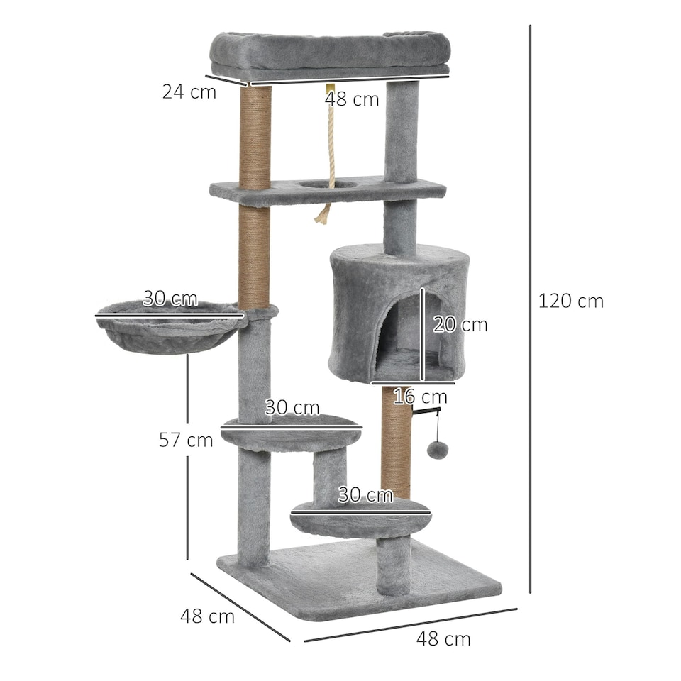 image 1 of PawHut 120cm Cat Tree Tower with Scratch Post Perch Hammock Condo Light Grey