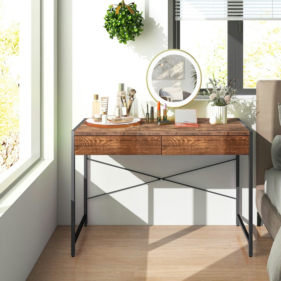 image 1 of COSTWAY Computer Desk Wooden Writing Workstation Coffee Brown
