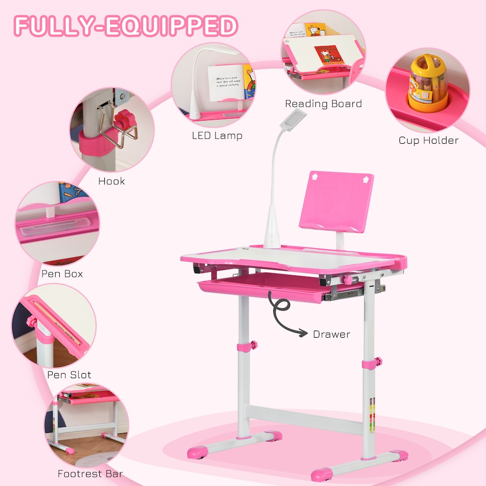 image 1 of HOMCOM Kids Desk and Chair Set, Height Adjustable Study Desk with USB Lamp | Pink