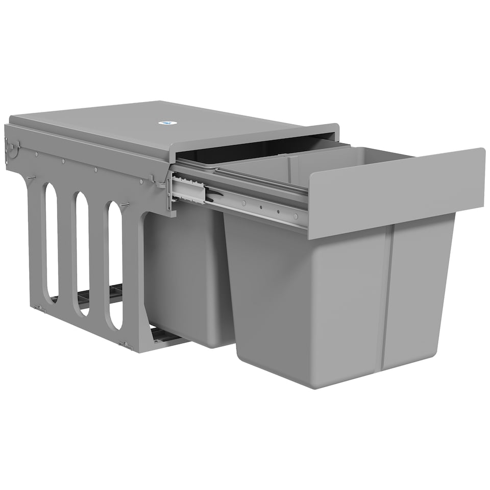 image 1 of HOMCOM 30L Pull Out Bin - 2 Compartments (15L Each), Soft Close Under Sink Bin with Removable Buckets for 400mm Cabinets, Kitchen Waste and Recycling, Base Mounted, Light Grey