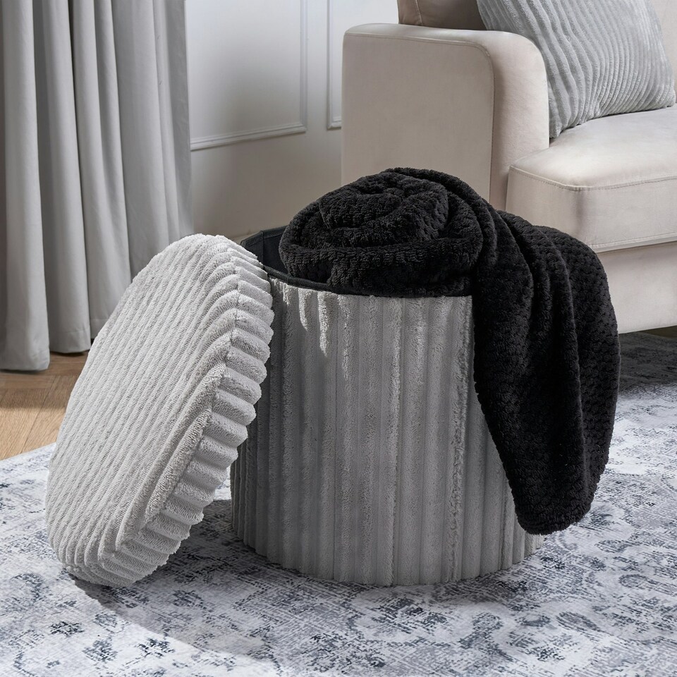 image 1 of OHS Soft Fleece Ribbed Round Foldable Footstool Seat Storage Organiser Ottoman Grey