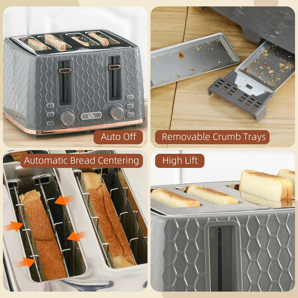 image 1 of HOMCOM Toaster with 4 Slot, 7 Browning Levels, 1600W, Grey Honeycomb Grey | Pink accents | 29.3L x 27.6W x 18.9H cm