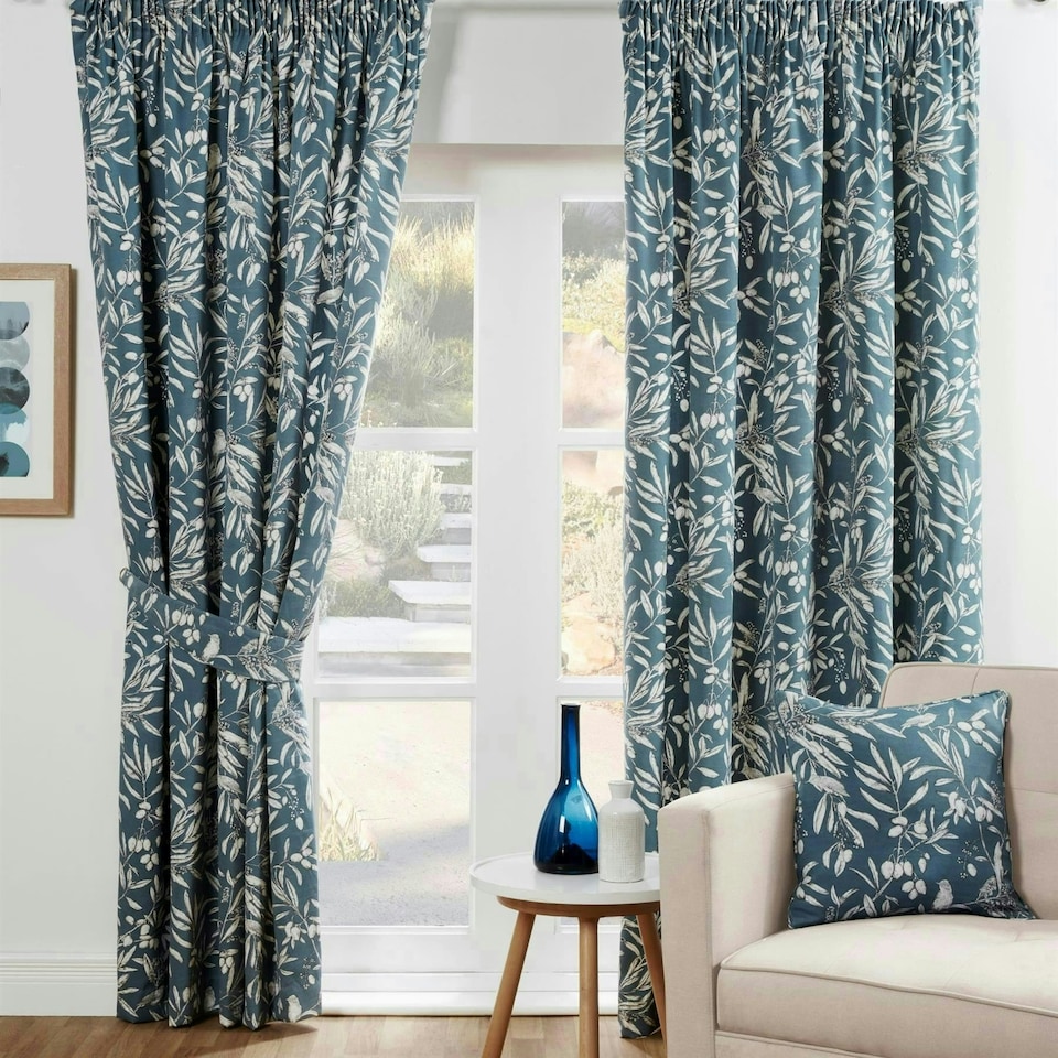 image 1 of Aviary Pencil Pleat Curtains - Blue - 229cm x 229cm