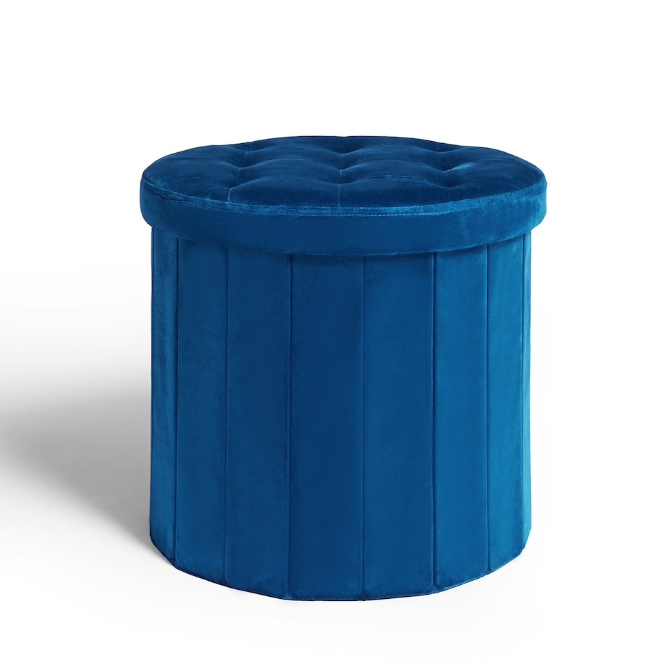 image 1 of OHS Matte Velvet Soft Round Foldable Footstool Seat Storage Organiser Ottoman Blue | Teal