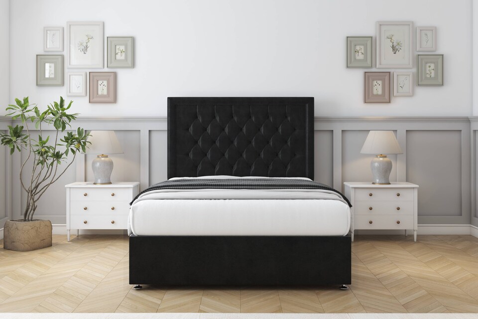 image 1 of Sloomy Montana Black Plush Divan Bed Base 4 Drawers With 26 Inch Strutted Headboard | Black | Black | Super King | 1