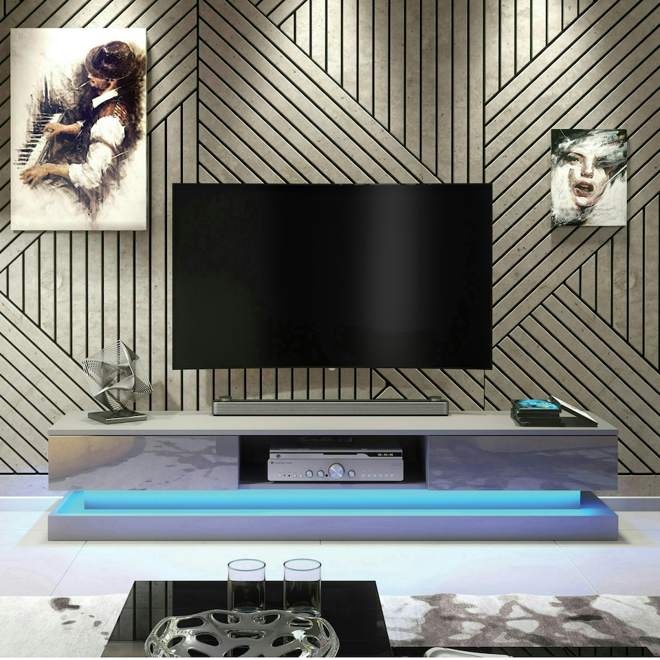 image 1 of TV Unit 180cm Grey Gloss Fronts Grey Matt Body with LED Platform Grey