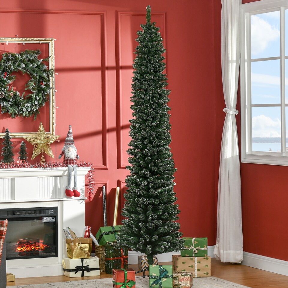 image 1 of HOMCOM 7.5FT Artificial Snow Dipped Christmas Tree mas Pencil Tree Holiday Home Indoor Decoration with Foldable Black Stand, Green