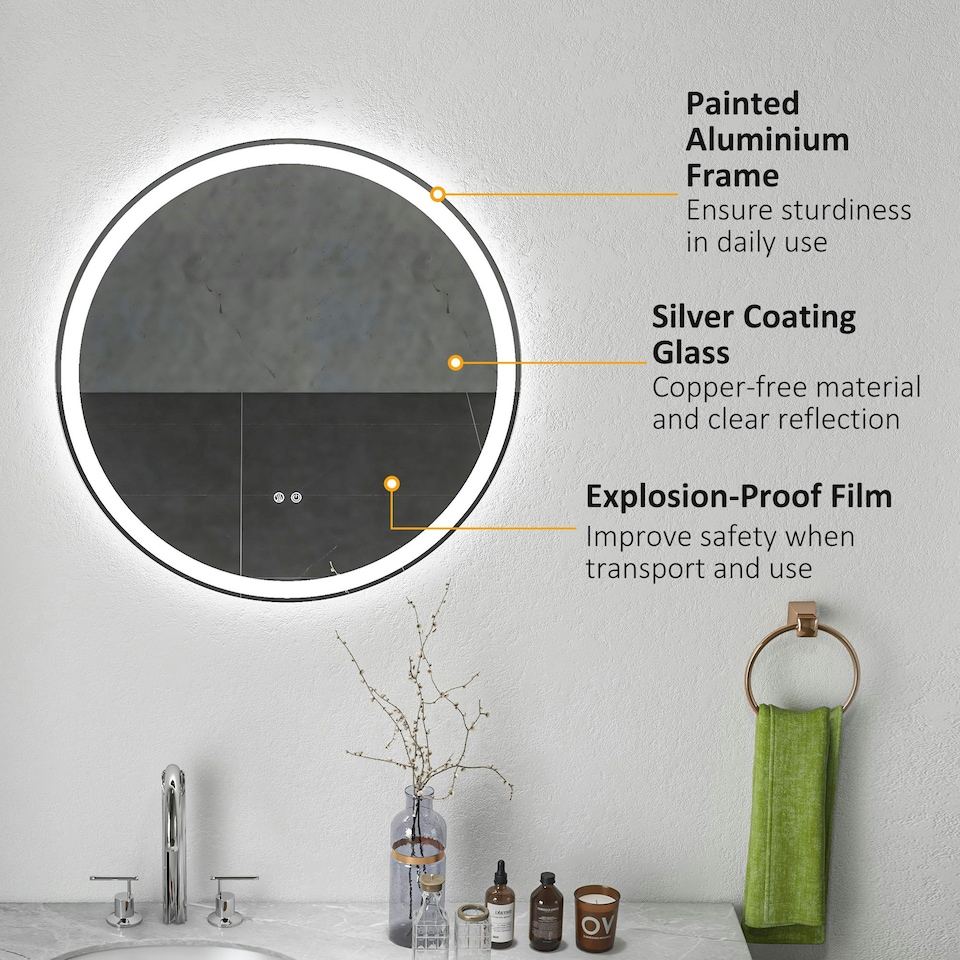 image 1 of kleankin Dimmable Bathroom Mirror with LED Lights, Defogging Film, Silver