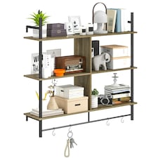 HOMCOM Wall Shelf Unit with 4 Hooks for Living Room Grey Wood Effect