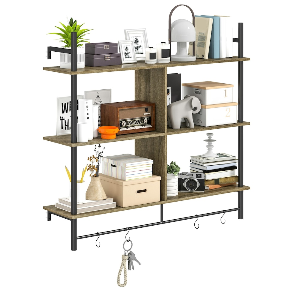 image 1 of HOMCOM Wall Shelf Unit with 4 Hooks for Living Room Grey Wood Effect