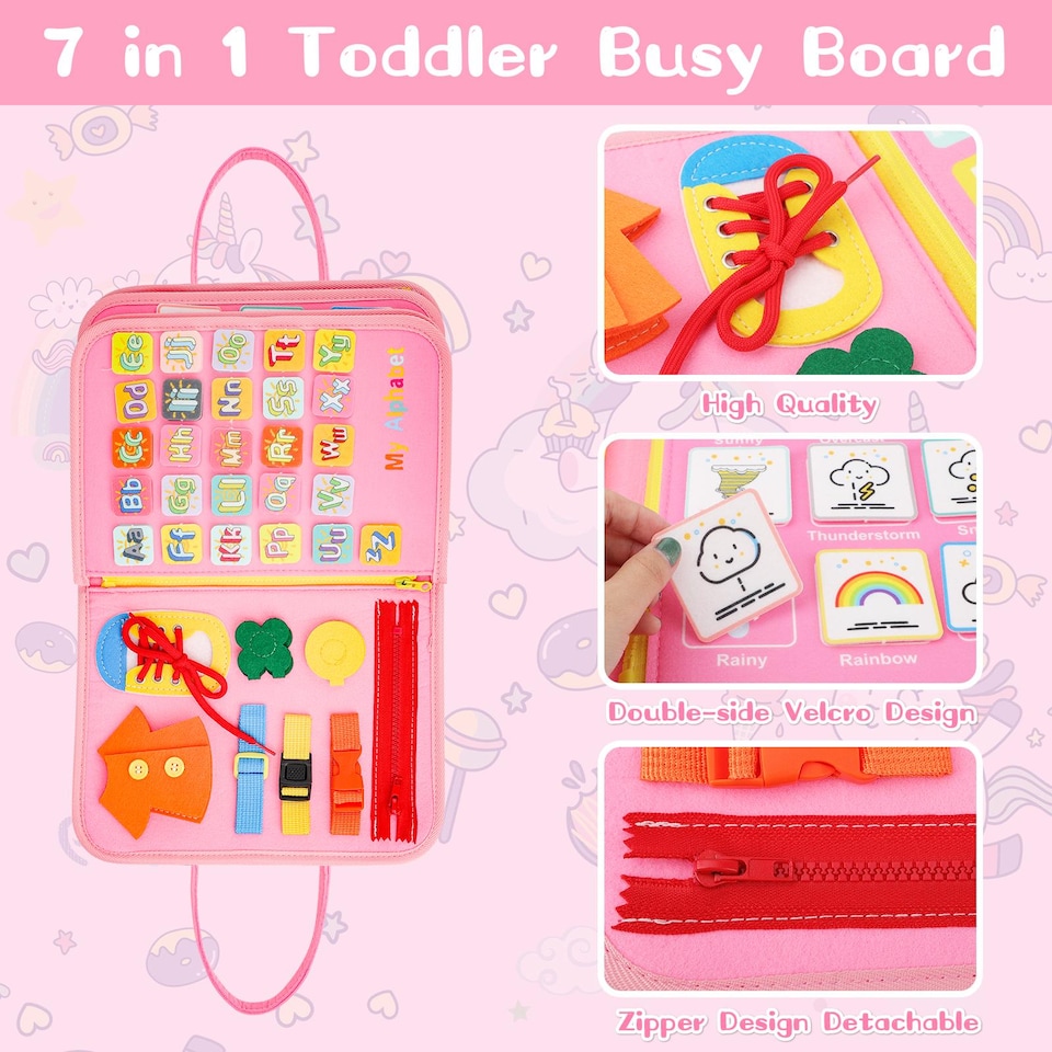 image 1 of Toddler Busy Board Busy Book Sensory Montessori Travel Toy - 10 Pages Quiet Book with Life Skills, Alphabet & Numbers (Pink)