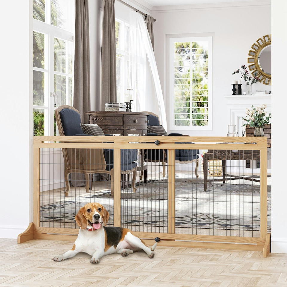 image 1 of PawHut Adjustable Wooden Pet Gate Freestanding Dog Barrier for Doorway