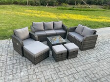 Fimous Rattan Garden Furniture 7 Piece Patio Set With Table Sofa Square Coffee Table Reclining Chair Love seat sofa Side 3 Seater Sofa 3 Footstools