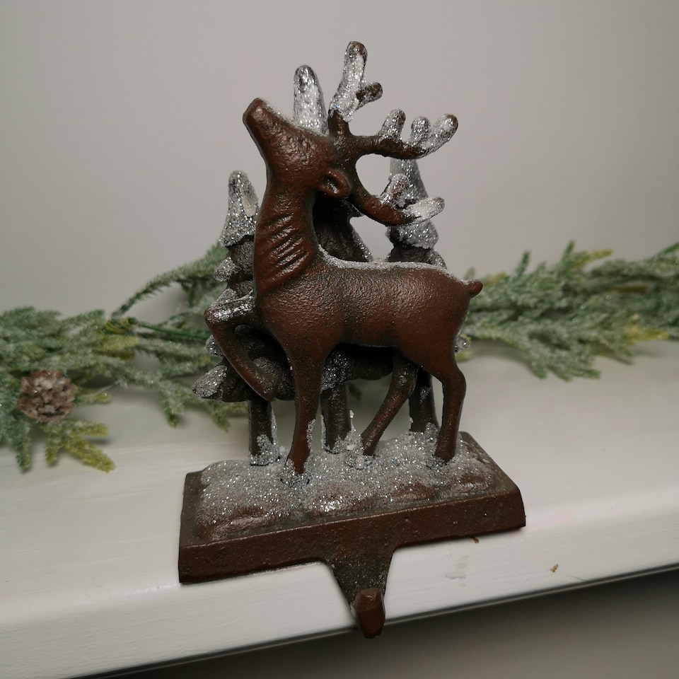 image 1 of 18cm Premier Christmas Metal Stocking Hanger Decoration in Reindeer Tree Scene
