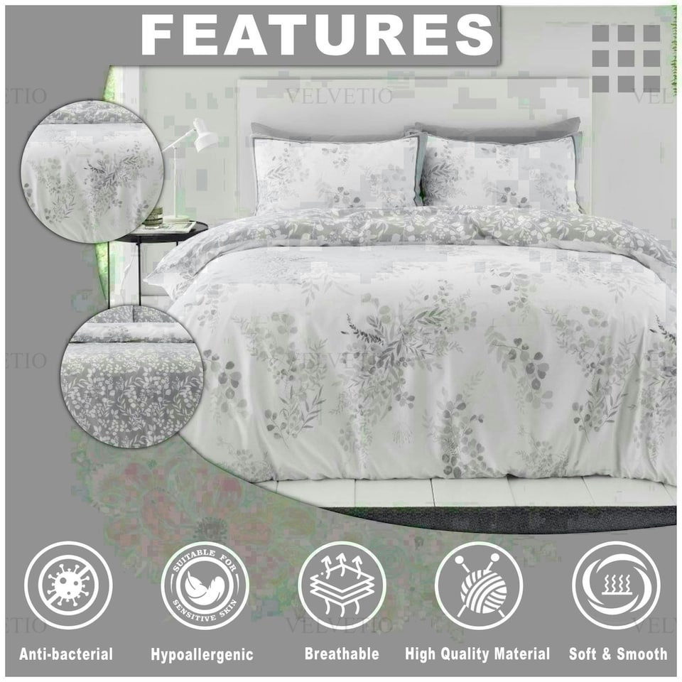 image 1 of Perla Floral Printed Duvet Cover Set Reversible Polycotton Beddings Grey | Double