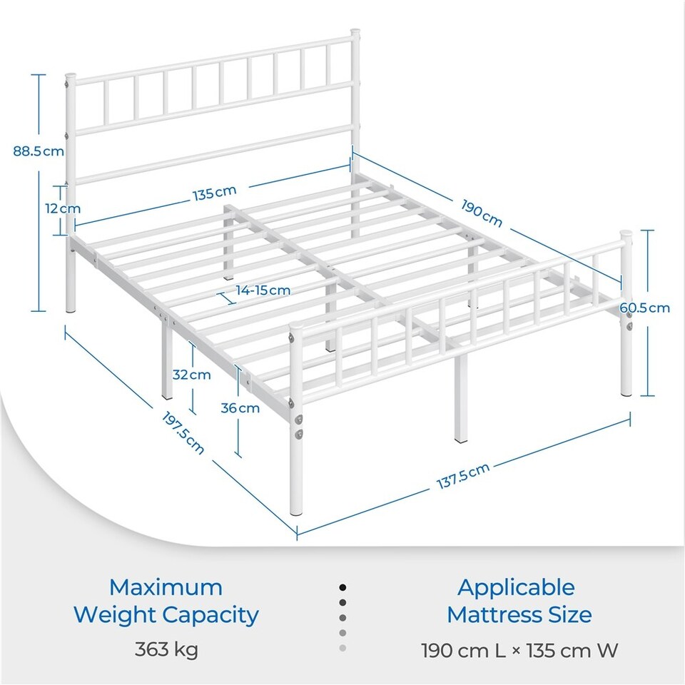 image 1 of Yaheetech 4ft6 Double Metal Bed Frame with Slatted Headboard White