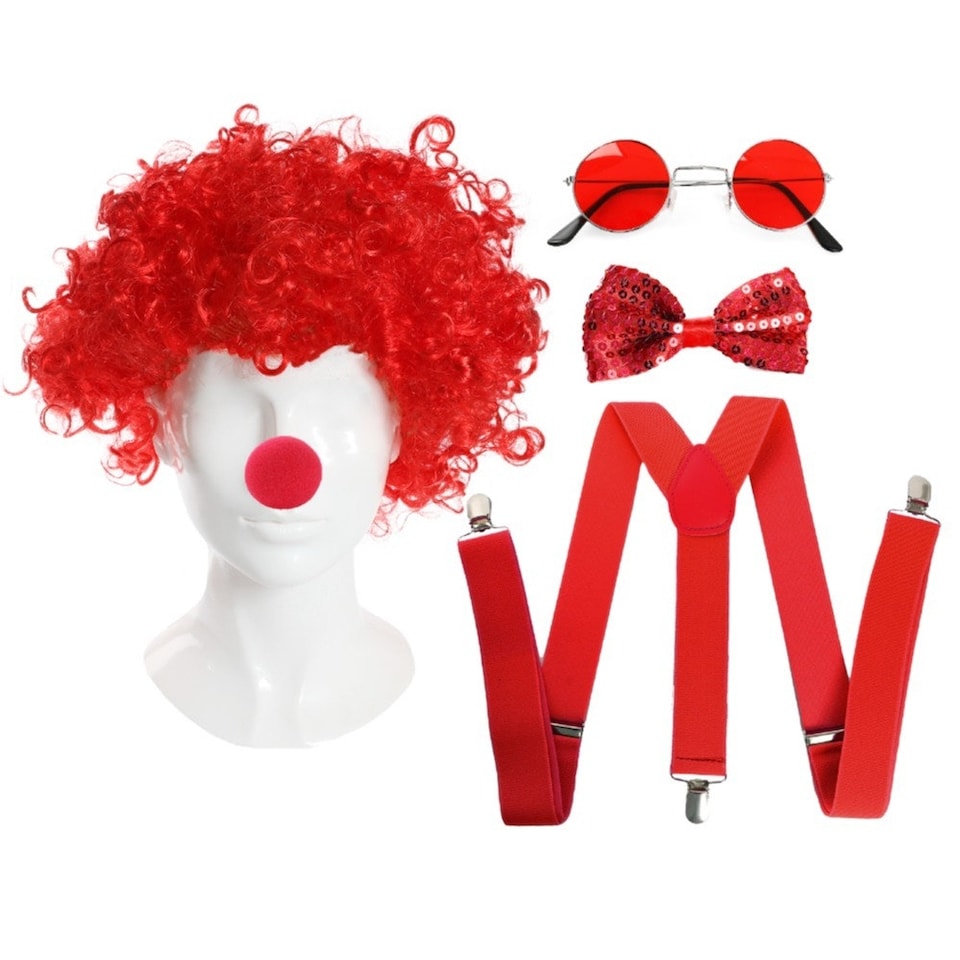 image 1 of Red Nose Accessory Set - Nose, Wig, Braces, Bow Tie & Glasses Red | One Size