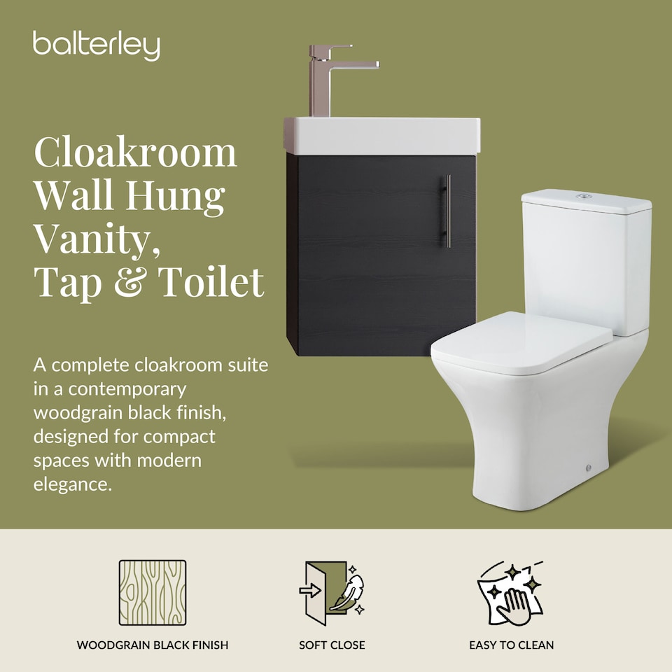 image 1 of Balterley Saint Cloakroom Set - Wall Hung Vanity Basin Unit, Toilet Pan, Cistern, Seat & Mini Basin Tap - Balterley | Grey | Black Woodgrain | 520.0000 x 405.0000 x 222.0000mm