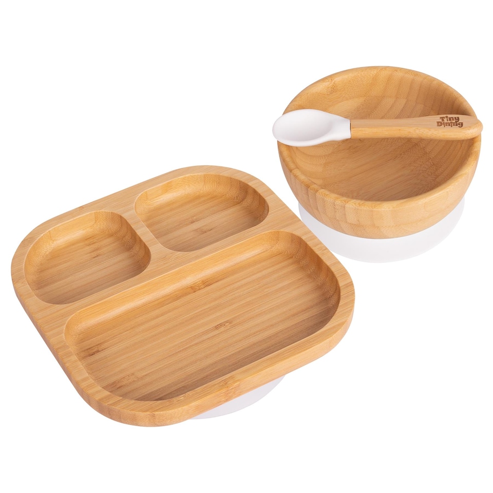 image 1 of Tiny Dining 3pc Bamboo Suction Feeding Set - Segmented/White - Divided Non-Slip Bamboo Baby Self-Feeding Dining Weaning Set