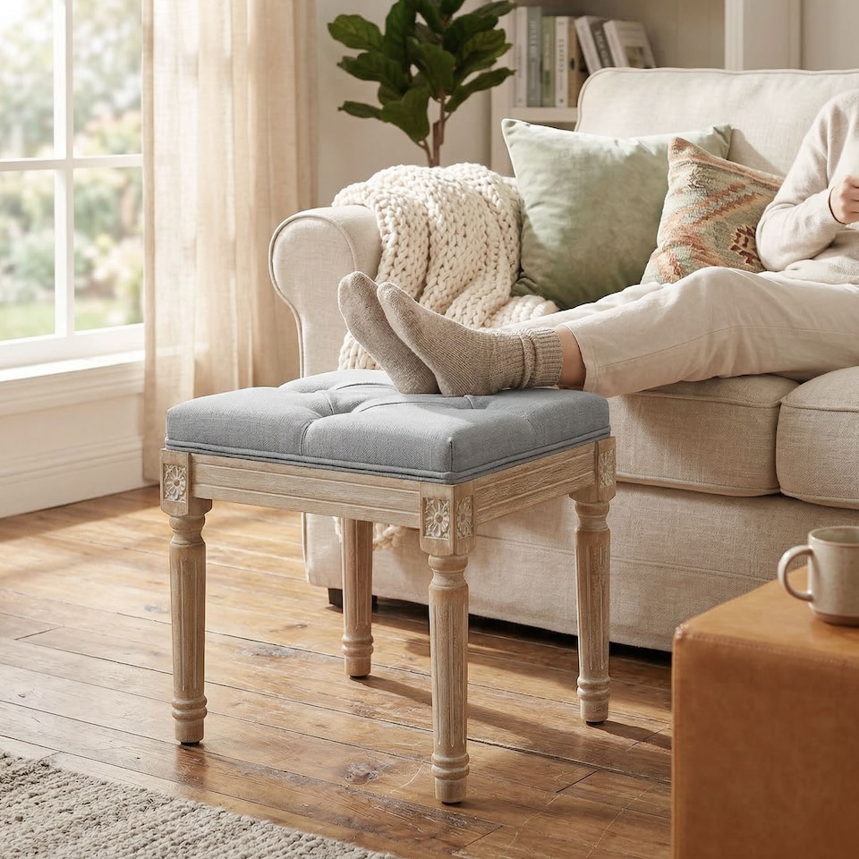 image 1 of HOMCOM Vintage Foot Stool with Wood Legs, Light Grey | Grey | Light Grey